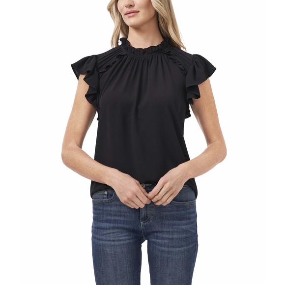 CeCe Tops - CeCe Flutter Sleeve Blouse with Ruffle Rich Black XL